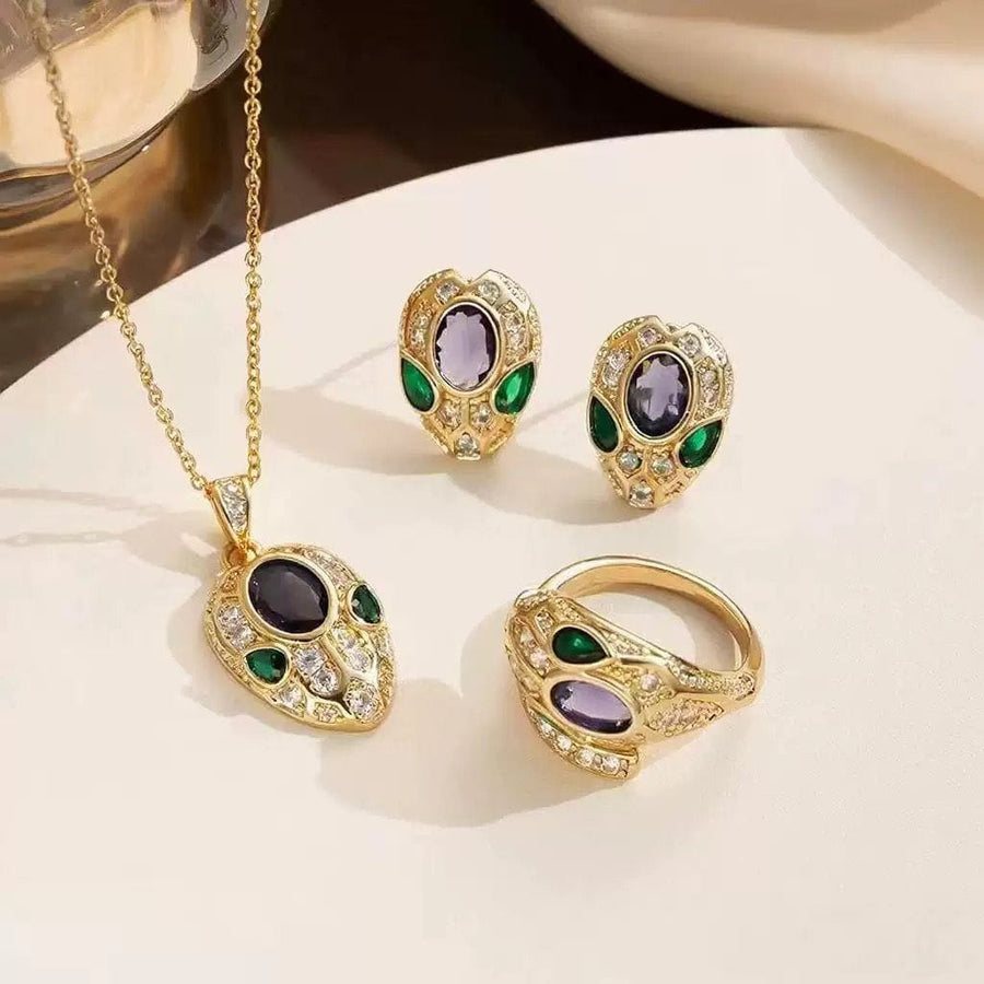 Bvlgari Serpenti Inspired 3-Piece Jewellery Set | Gold Snake Pendant, Earrings & Ring | Crystal Pavé