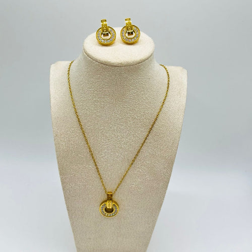 Circle Pendant Necklace & Earrings Set – Gold-Tone Crystal Pavé
