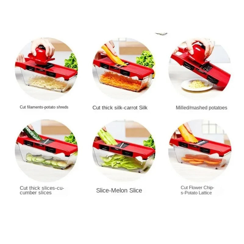 Compact mandoline vegetable cutter showing drainage basket design