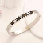 Monogram Brown Leather-Texture Inlay Bangle Bracelet - Gold and Silver 1