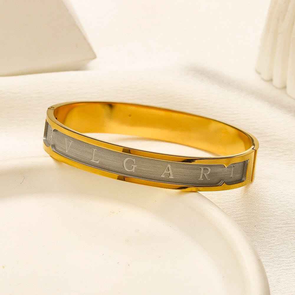 Two-Tone Gold & Silver Engraved Letter Bangle Bracelet
