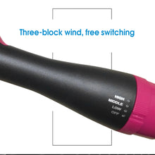 Black and pink hair dryer with control settings on a white background
