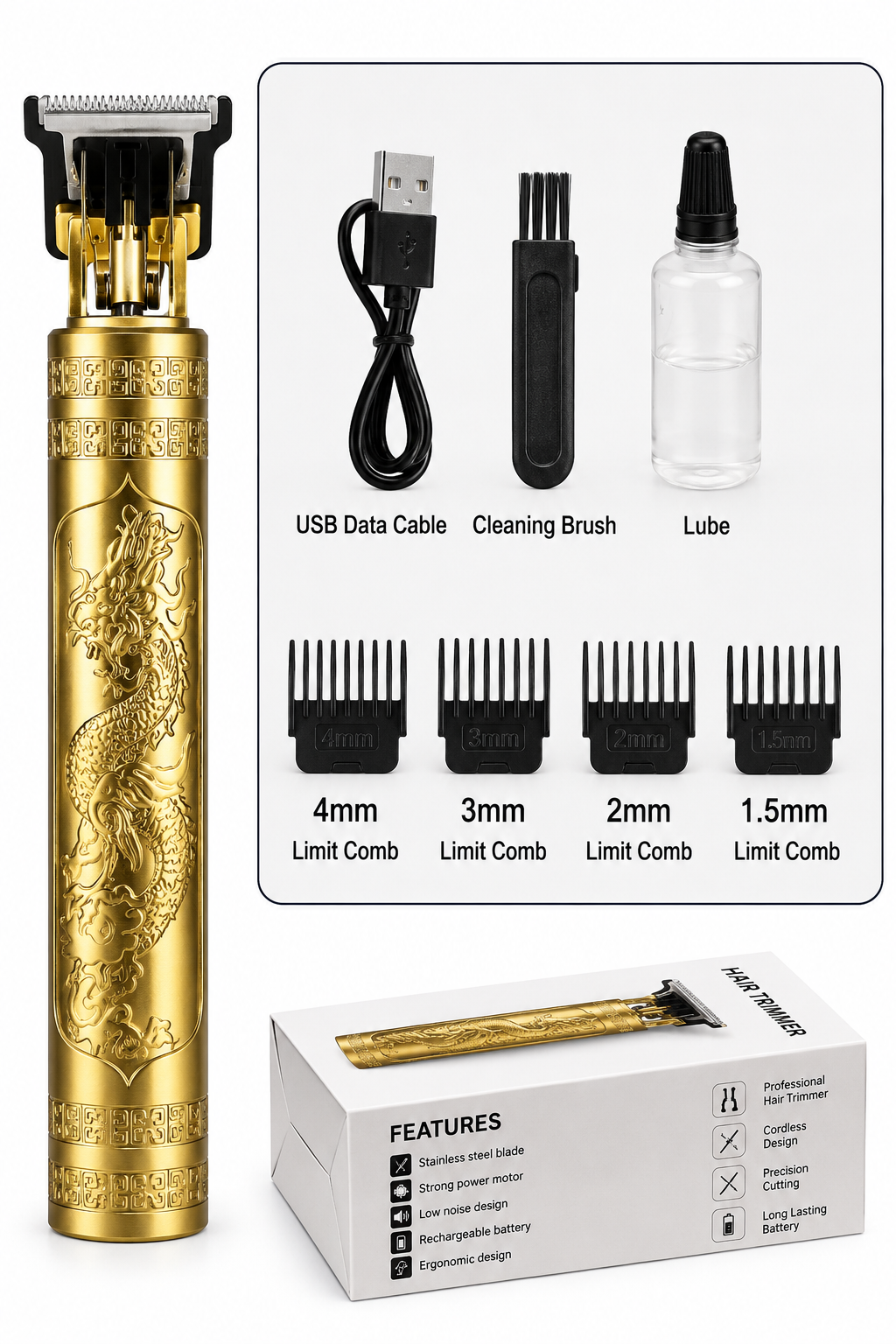 Gold Dragon Usb Rechargeable Cordless Men Professional Barber Electric Haircut Razor VintageT9 Hair Trimmers - Majlismart
