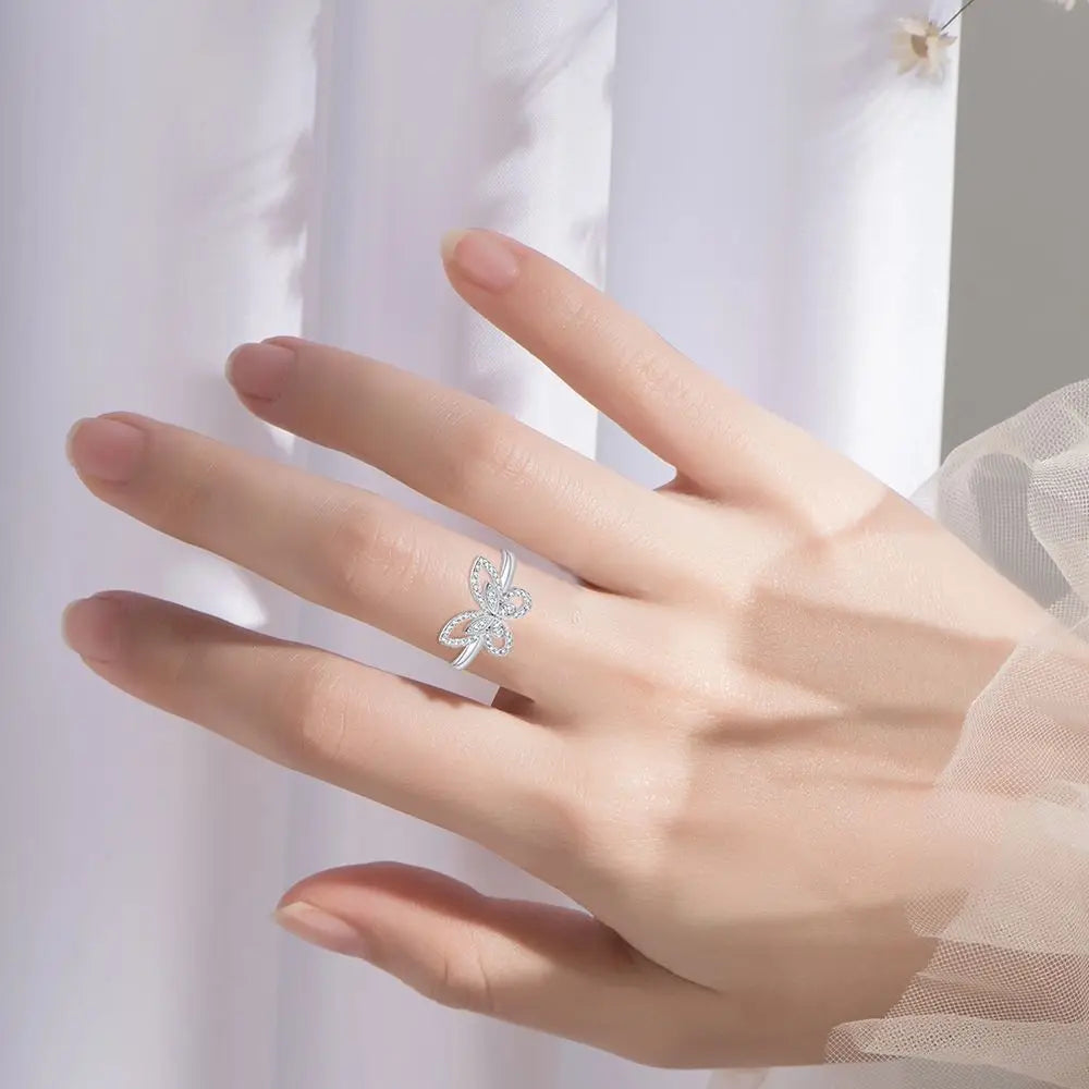 925 Sterling Silver Butterfly Ring with Cubic Zirconia
