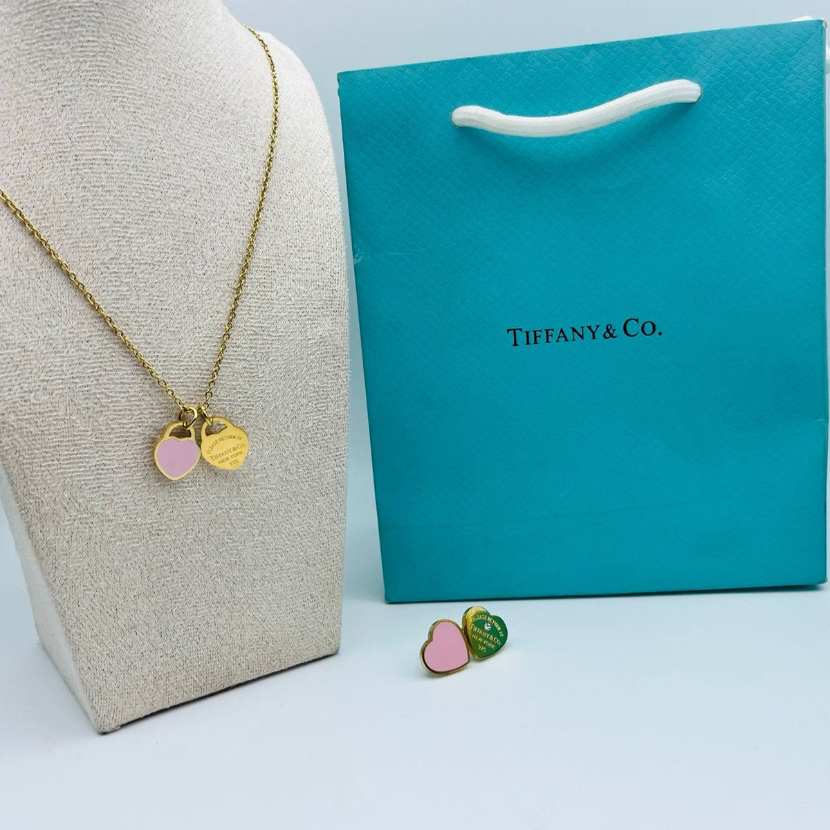 Double Heart Enamel Jewellery Set – Necklace & Earrings | طقم مجوهرات القلب المزدوج بالمينا