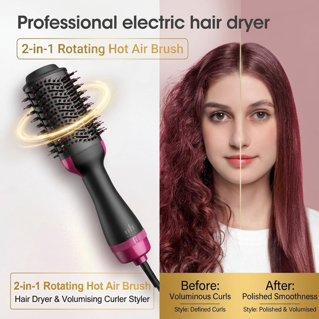 A promotional graphic for a professional electric hair dryer shown alongside a before-and-after demonstration on a woman's hair. The left side shows the black and pink hair dryer with a gold airflow graphic, and the right side shows a woman with long, reddish-brown hair styled with defined curls and then smoothed.