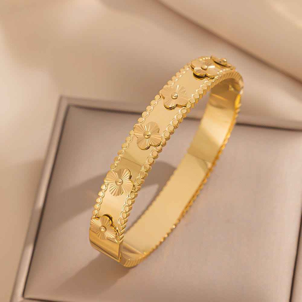 Gold-Tone Four-Leaf Clover Textured Wide Bangle Bracelet