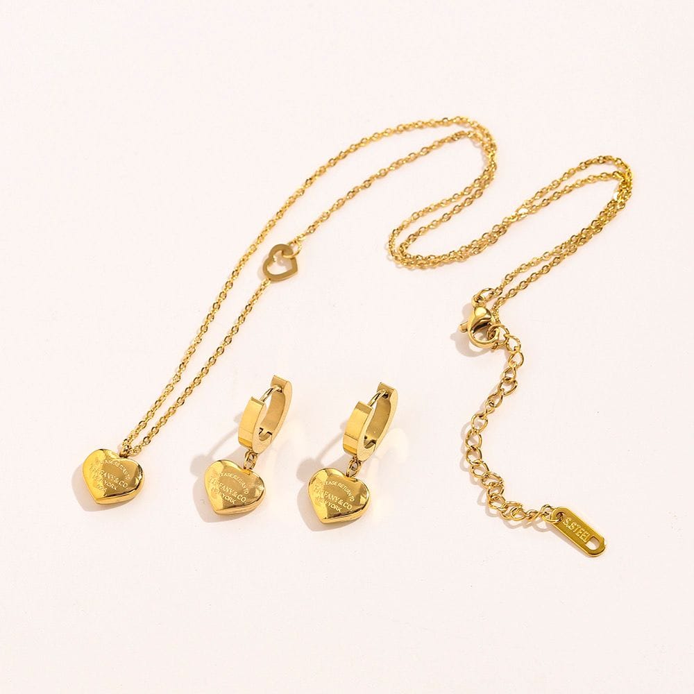 Gold-Tone Heart Pendant Necklace & Hoop Earrings Set – Inspired Design