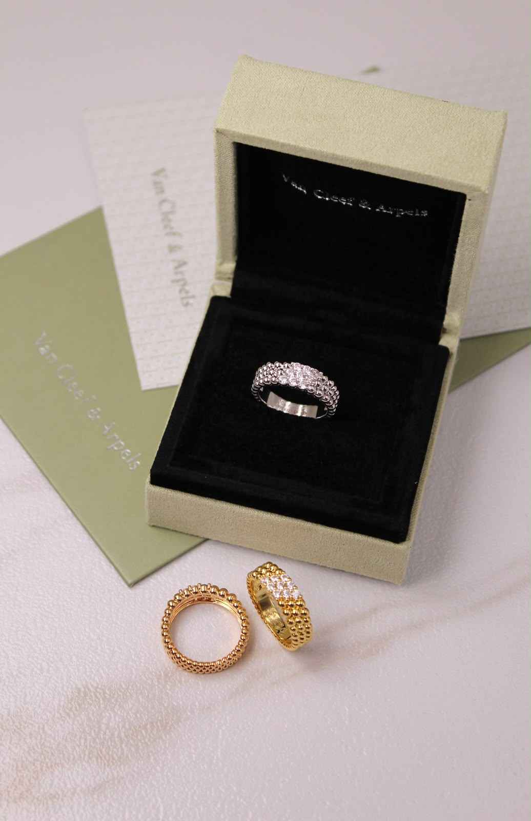 Van Cleef & Arpels Perlée Inspired 3-Row Diamond Ring | Gold, Rose Gold & Silver | Crystal Pavé Band