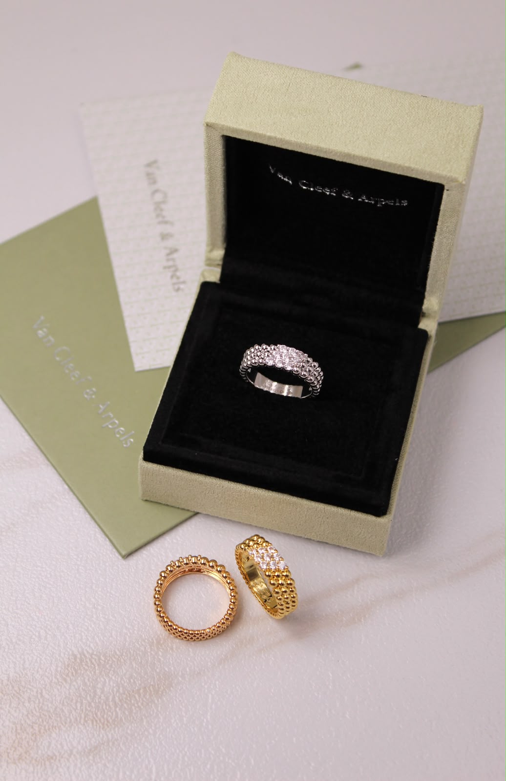 Van Cleef & Arpels Perlée Inspired 3-Row Diamond Ring | Gold, Rose Gold & Silver | Crystal Pavé Band
