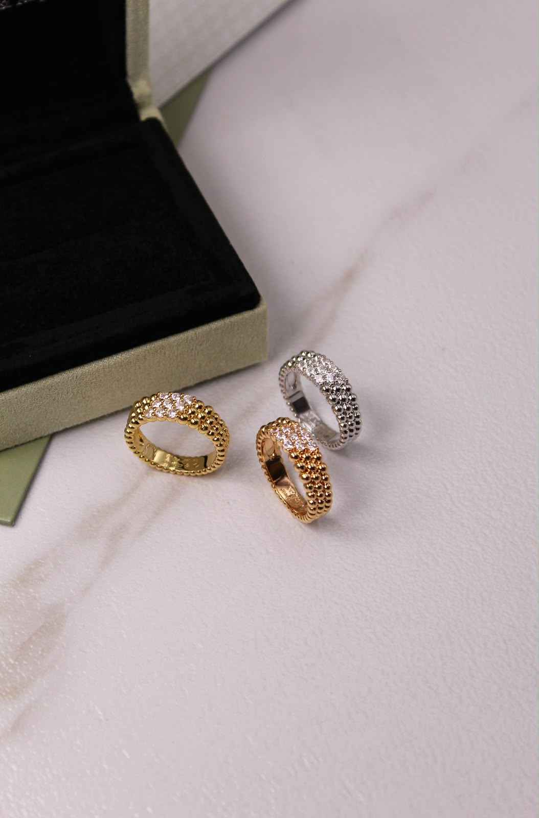 Van Cleef & Arpels Perlée Inspired 3-Row Diamond Ring | Gold, Rose Gold & Silver | Crystal Pavé Band
