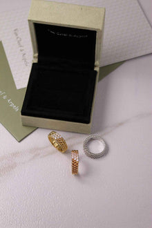 Van Cleef & Arpels Perlée Inspired 3-Row Diamond Ring | Gold, Rose Gold & Silver | Crystal Pavé Band