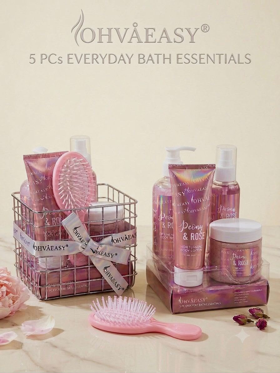 OhvaEasy Peony & Rose 5-Piece Bath Essentials Set | طقم أوفا إيزي للاستحمام بالفاوانيا والورد – 5 قطع