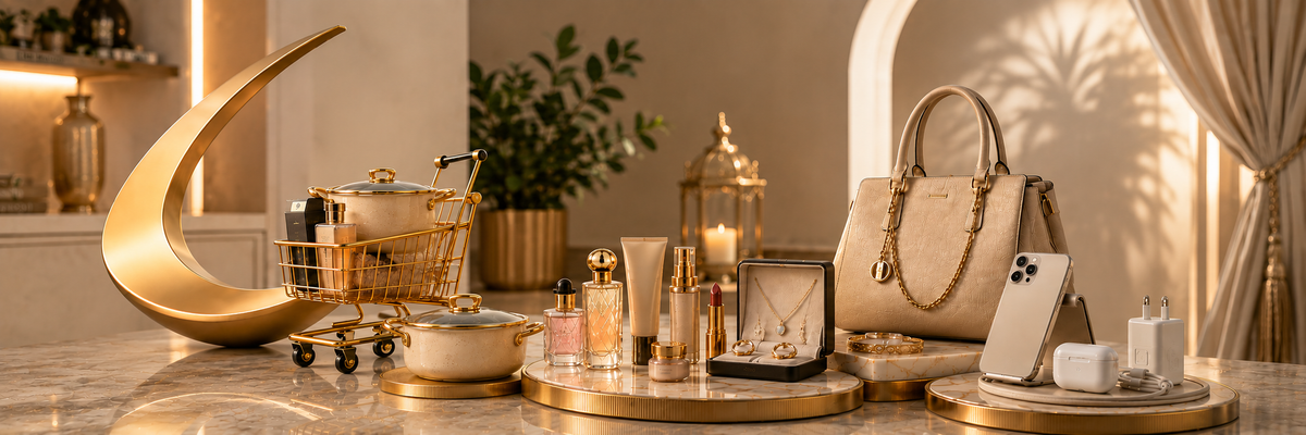 A luxury lifestyle display featuring a beige leather handbag with gold hardware, a gold crescent moon sculpture, a shopping cart filled with cosmetics, and various skincare and beauty products arranged on gold trays and a marble surface in a warm, elegant room.