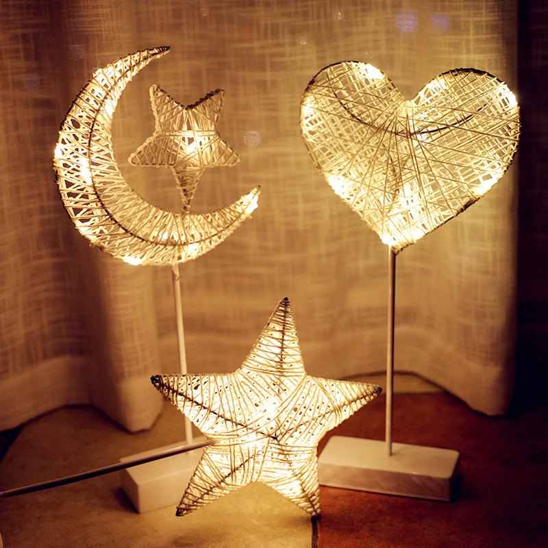 Romantic LED Rattan Table Lamp – Star, Heart or Moon Decor