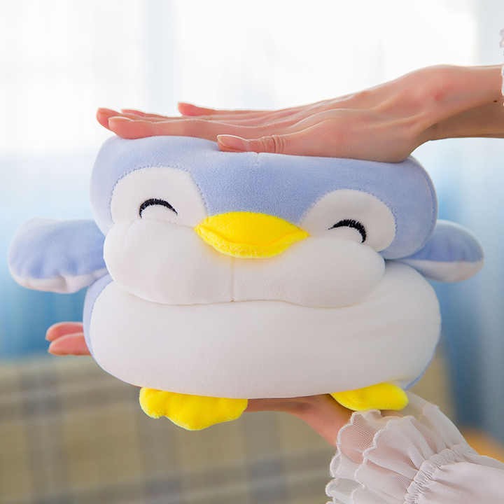 Soft sky blue penguin plush close-up
